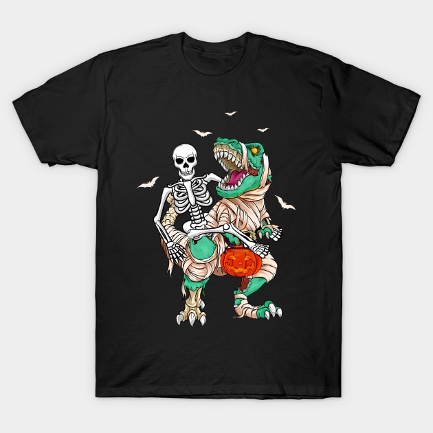 Skeleton Riding Mummy Dinosaur T Rex Kids Funny Halloween T-Shirt by Sky at night